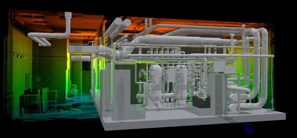 Pointcloud met 3D solid model er doorheen verwerkt.
